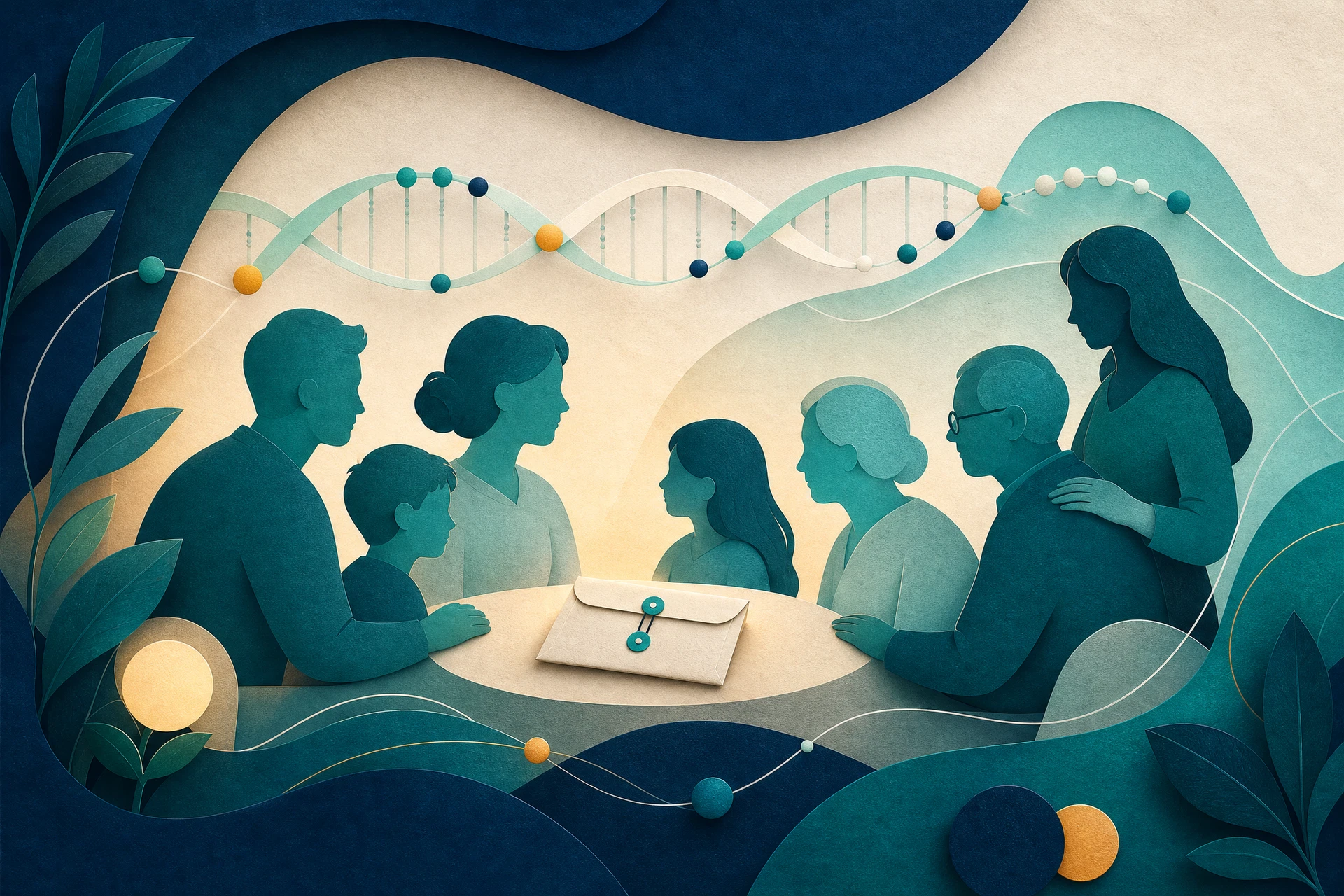 Família de várias gerações reunida ao redor de uma hélice de DNA