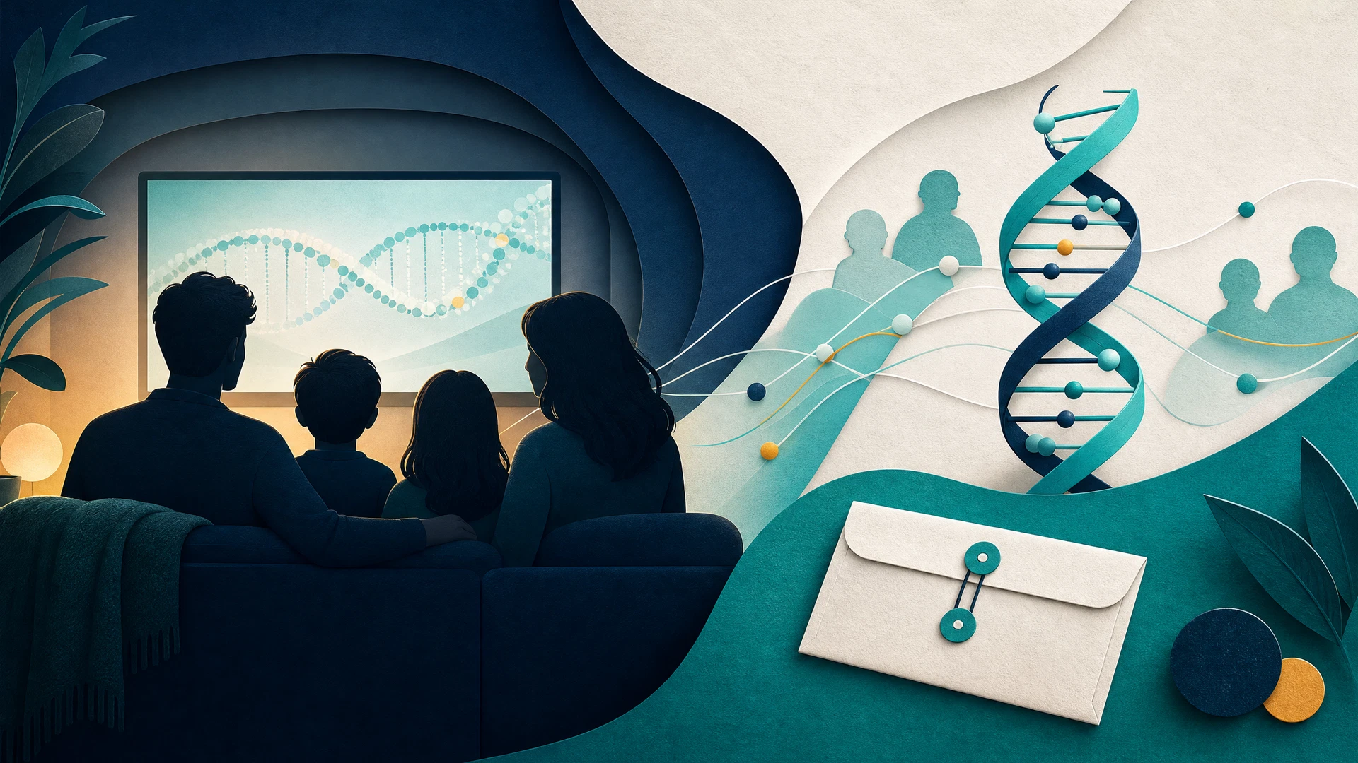 Família diante da televisão conectada a uma representação científica do DNA