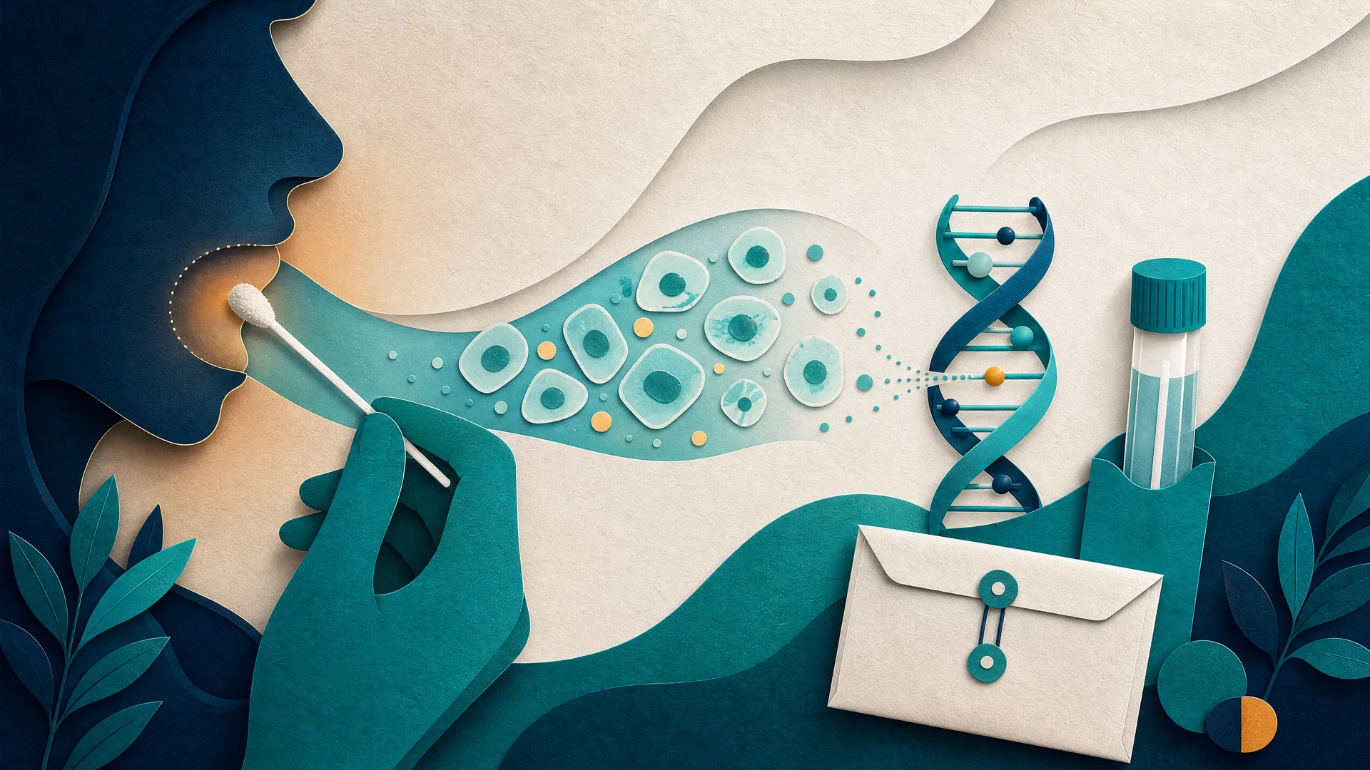Coleta bucal com swab e células conectadas a uma hélice de DNA